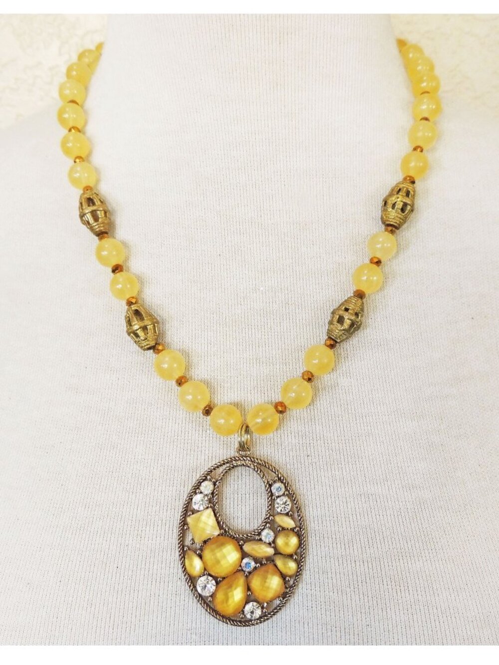 Golden Yellow Calcite Beaded Mosaic Rhinestone Pendant Statement Necklace